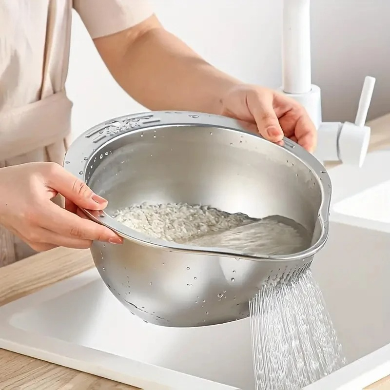 Meal Prep With Rice - Paslanmaz Çelik Pirinç Yıkama Süzgeci Kase
