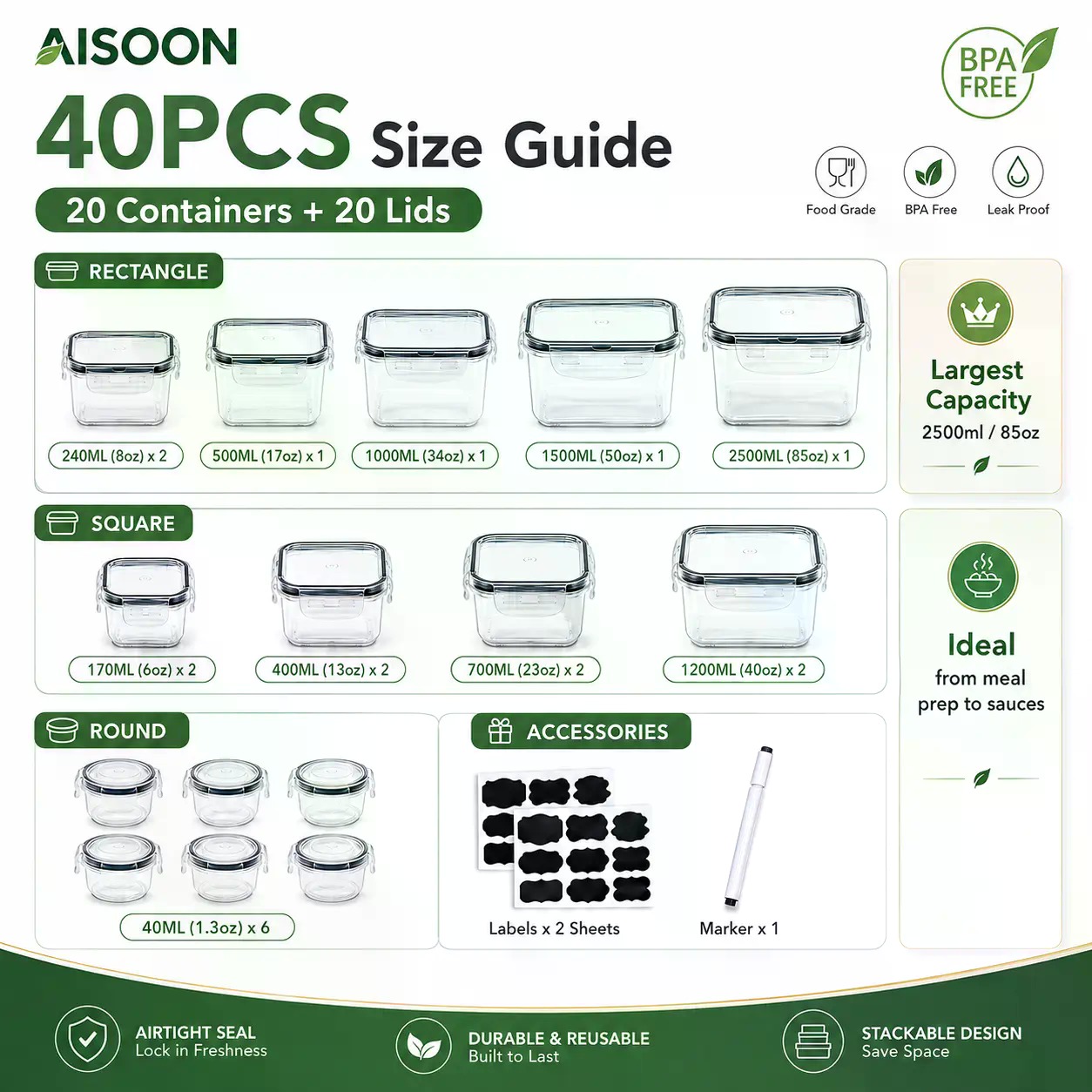 40 Parça Ekstra Büyük 85oz Sil - Meal Prep Kitchen incelemesi ve fiyatı